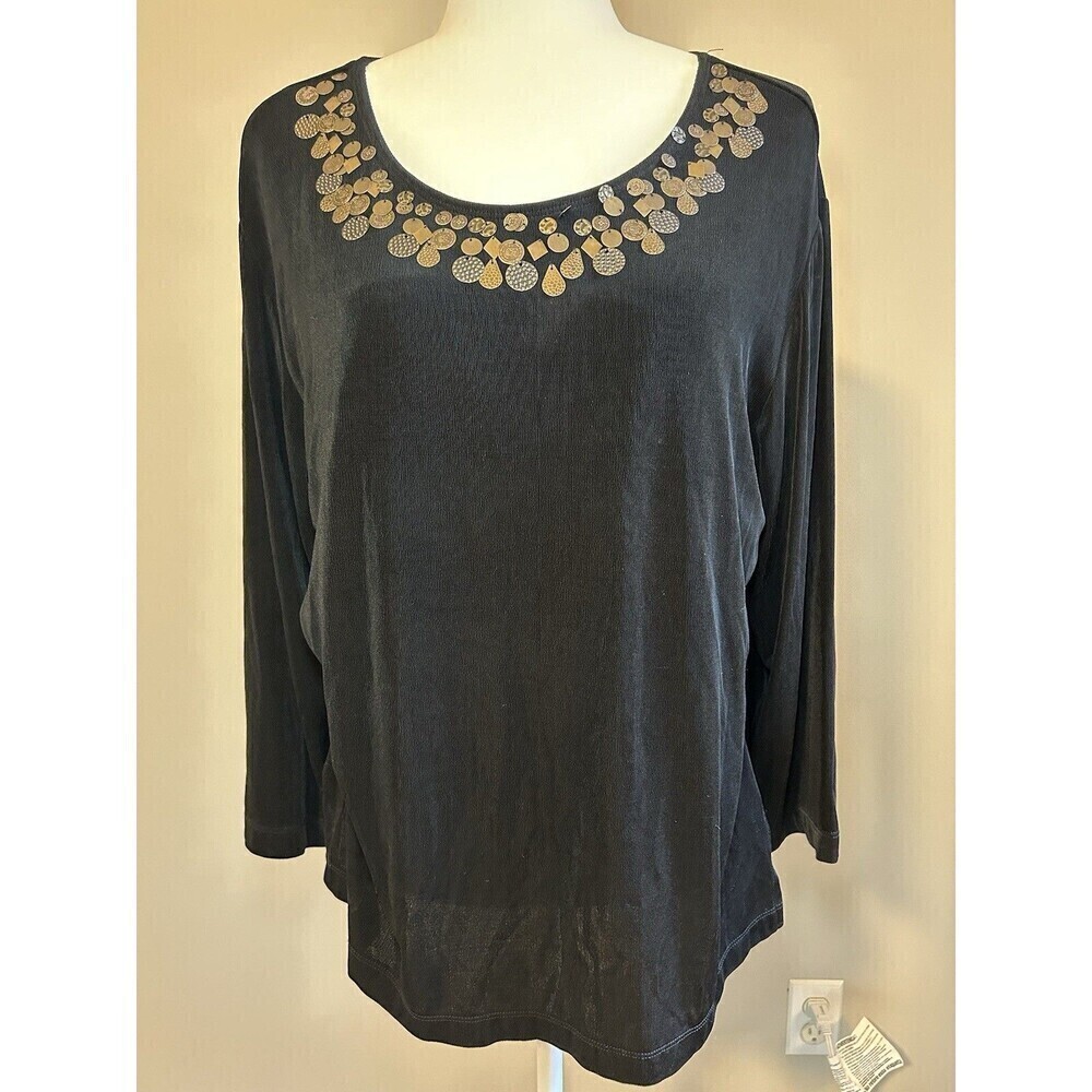 CHICO'S TRAVELERS Black Scoop Neck Top 3/4 Sleeves Metal Disc Neck Trim Sz 3 XL